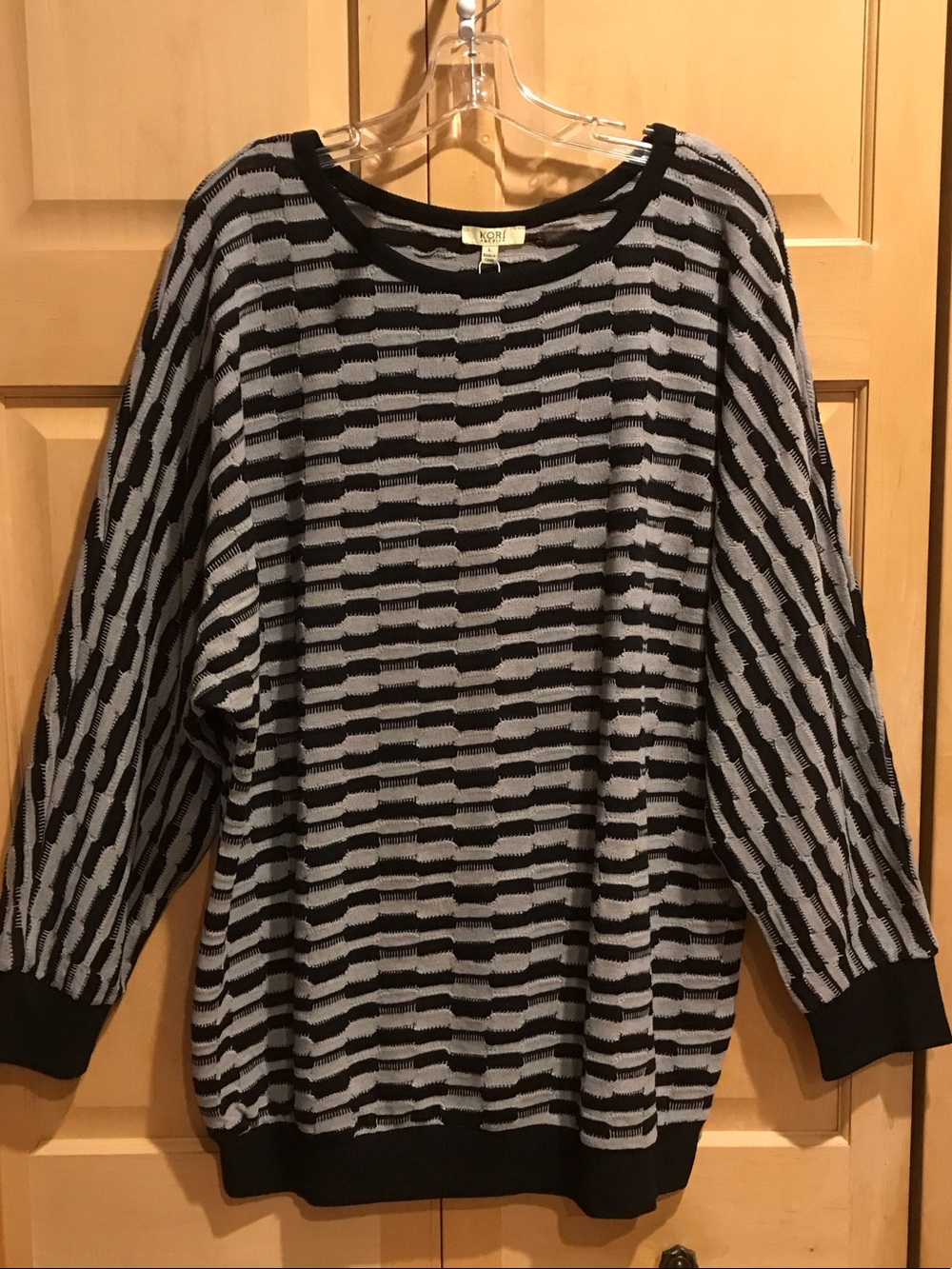New Kori Black and Gray Striped Crewneck Sweater Generous Size